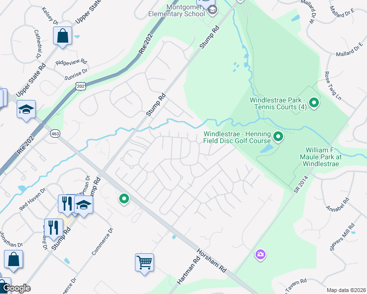 map of restaurants, bars, coffee shops, grocery stores, and more near 464 Running Brook Road in North Wales