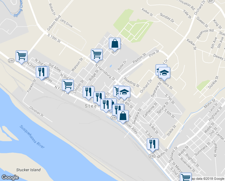 map of restaurants, bars, coffee shops, grocery stores, and more near 320 Pine Street in Harrisburg