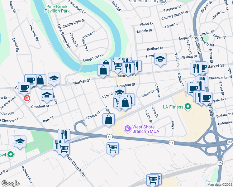 map of restaurants, bars, coffee shops, grocery stores, and more near 3797 Vine Street in Camp Hill