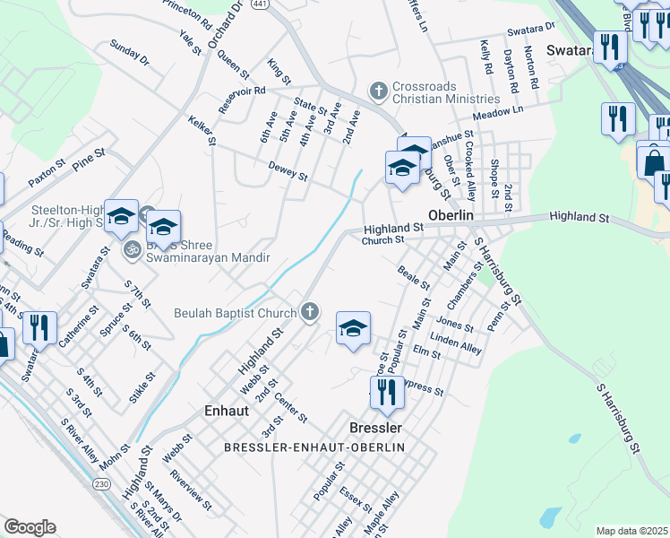 map of restaurants, bars, coffee shops, grocery stores, and more near 878 Highland Street in Steelton