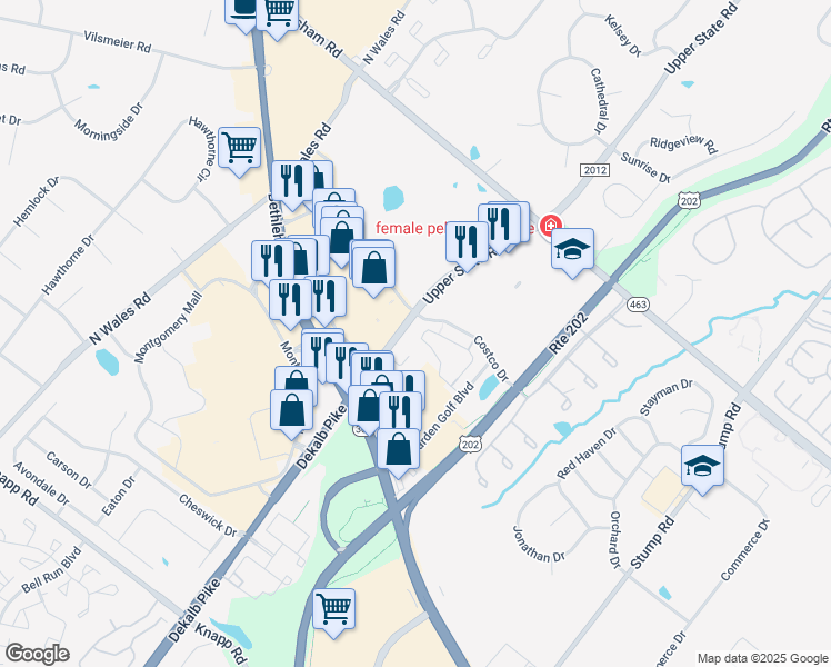 map of restaurants, bars, coffee shops, grocery stores, and more near 710 Susan Circle in North Wales