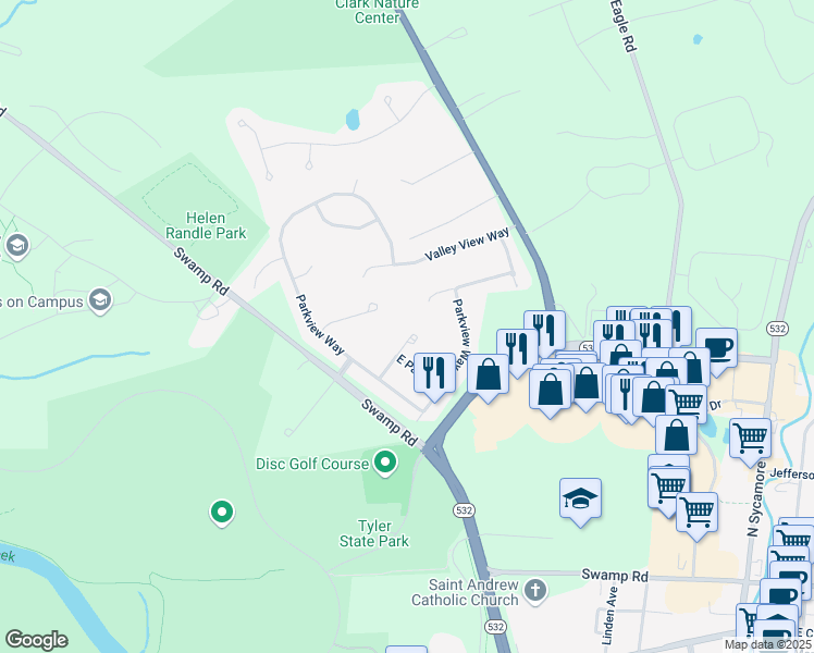 map of restaurants, bars, coffee shops, grocery stores, and more near 115 North Park Road in Newtown