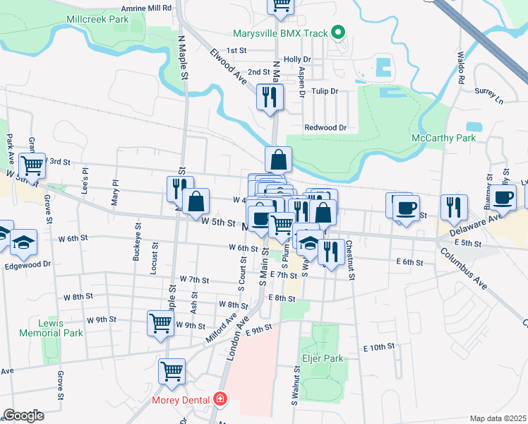 map of restaurants, bars, coffee shops, grocery stores, and more near 131 North Main Street in Marysville