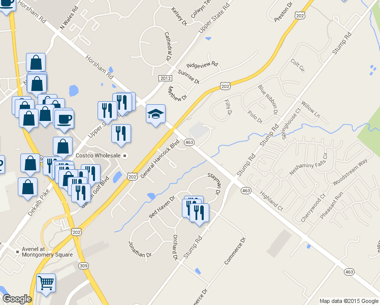 map of restaurants, bars, coffee shops, grocery stores, and more near 301 Devon Court in North Wales