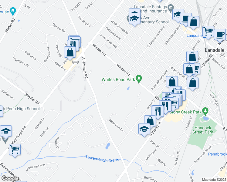 map of restaurants, bars, coffee shops, grocery stores, and more near 700 North Towamencin Avenue in Lansdale