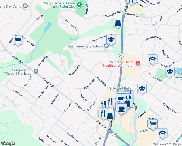 map of restaurants, bars, coffee shops, grocery stores, and more near 2324 Oakfield Road in Warrington