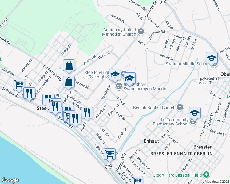 map of restaurants, bars, coffee shops, grocery stores, and more near 265 Reynders Street in Harrisburg