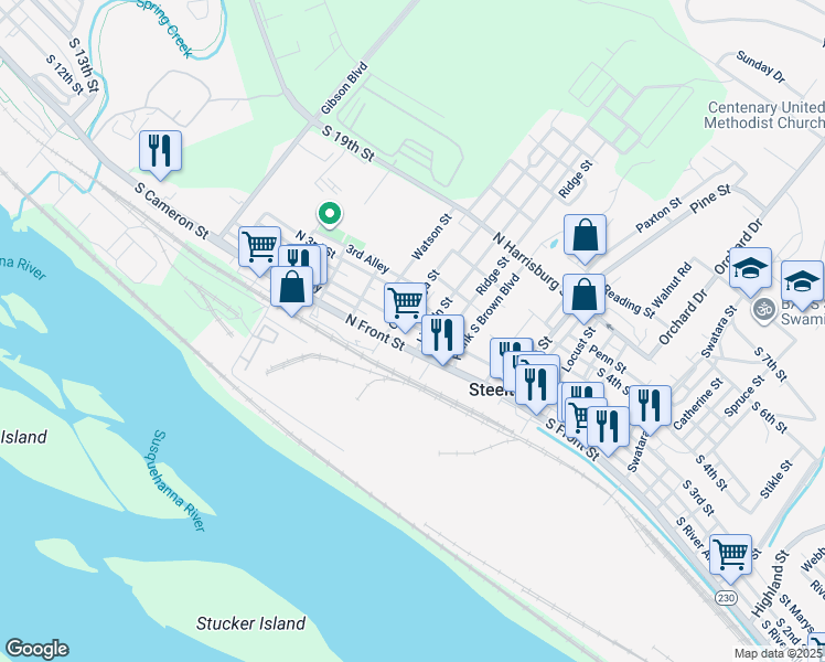map of restaurants, bars, coffee shops, grocery stores, and more near 316 North 2nd Street in Steelton