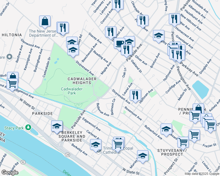 map of restaurants, bars, coffee shops, grocery stores, and more near Parkside Avenue & Stuyvesant Avenue in Trenton