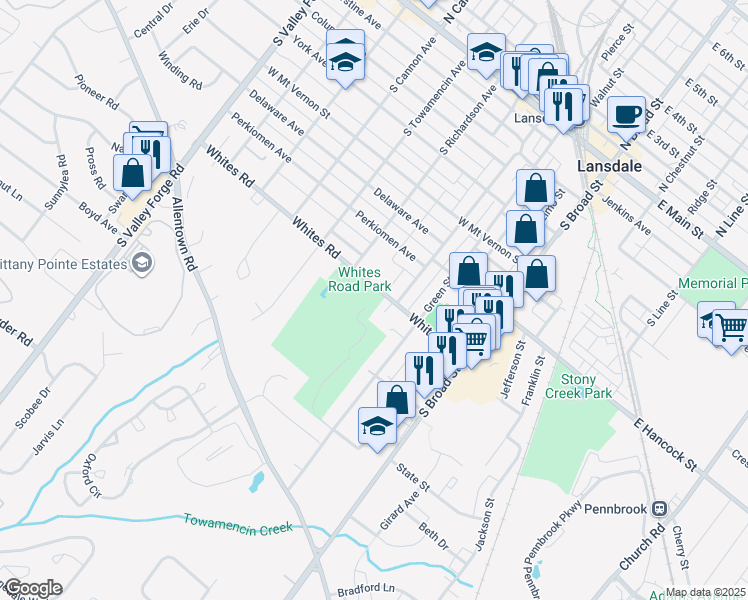 map of restaurants, bars, coffee shops, grocery stores, and more near 400 Whites Road in Lansdale