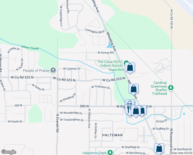 map of restaurants, bars, coffee shops, grocery stores, and more near 2711 West Cypress Drive in Muncie