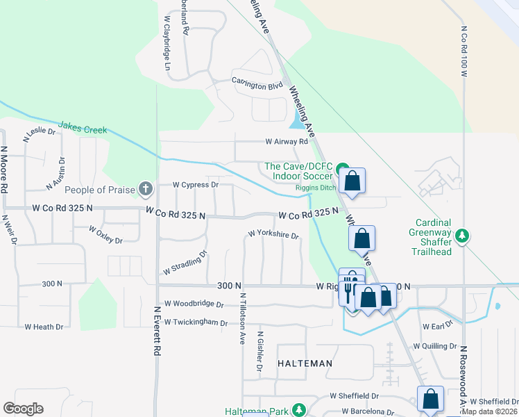 map of restaurants, bars, coffee shops, grocery stores, and more near 2711 West Cypress Drive in Muncie