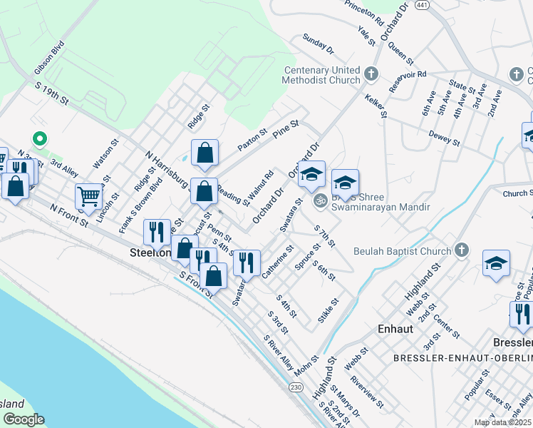 map of restaurants, bars, coffee shops, grocery stores, and more near 500 Orchard Drive in Harrisburg