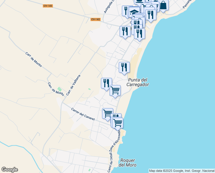 map of restaurants, bars, coffee shops, grocery stores, and more near 23 Carrer de les Campanilles in Alcossebre