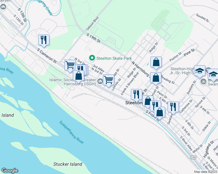 map of restaurants, bars, coffee shops, grocery stores, and more near 324 North 2nd Street in Steelton