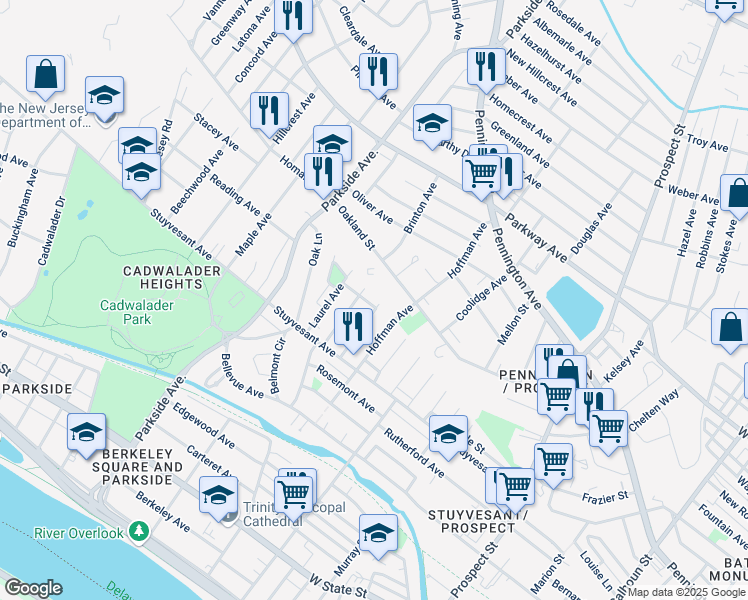 map of restaurants, bars, coffee shops, grocery stores, and more near 284 Highland Avenue in Trenton