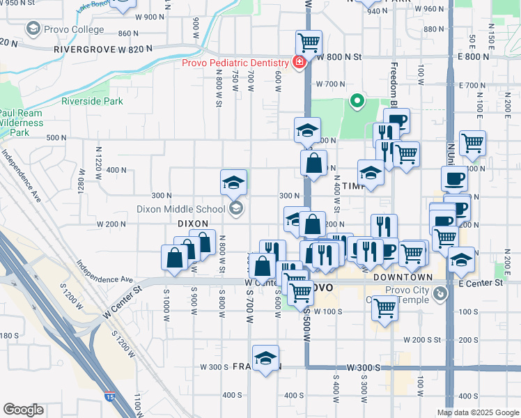 map of restaurants, bars, coffee shops, grocery stores, and more near 691 300 North in Provo