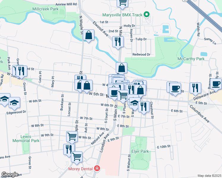 map of restaurants, bars, coffee shops, grocery stores, and more near 131 North Court Street in Marysville
