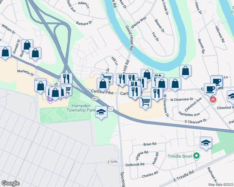 map of restaurants, bars, coffee shops, grocery stores, and more near 101 South Sporting Hill Road in Cumberland County
