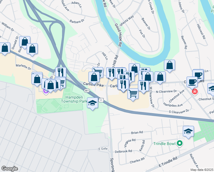 map of restaurants, bars, coffee shops, grocery stores, and more near 101 South Sporting Hill Road in Cumberland County