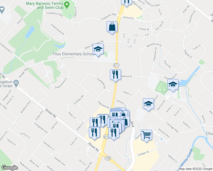 map of restaurants, bars, coffee shops, grocery stores, and more near 895 Chatfield Road in Warrington