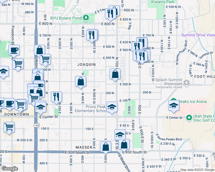 map of restaurants, bars, coffee shops, grocery stores, and more near 306 600 East in Provo