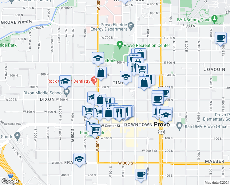 map of restaurants, bars, coffee shops, grocery stores, and more near 263 North 300 West Street in Provo