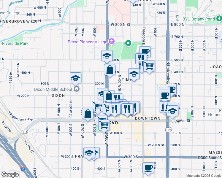 map of restaurants, bars, coffee shops, grocery stores, and more near 342 North 500 West in Provo