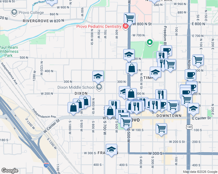 map of restaurants, bars, coffee shops, grocery stores, and more near 691 300 North in Provo