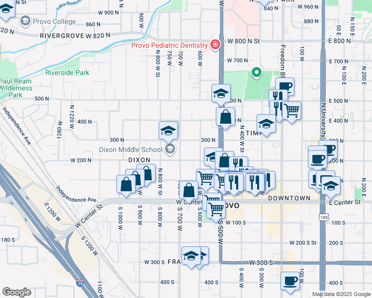 map of restaurants, bars, coffee shops, grocery stores, and more near 691 300 North in Provo