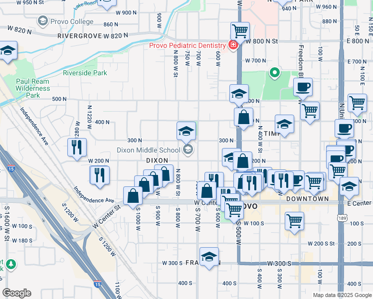map of restaurants, bars, coffee shops, grocery stores, and more near 750 200 North in Provo