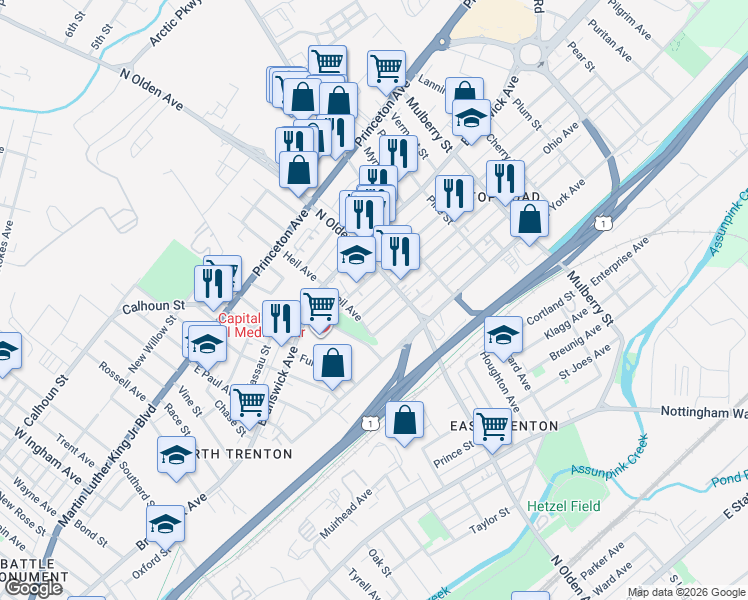 map of restaurants, bars, coffee shops, grocery stores, and more near 649 Ohio Avenue in Trenton