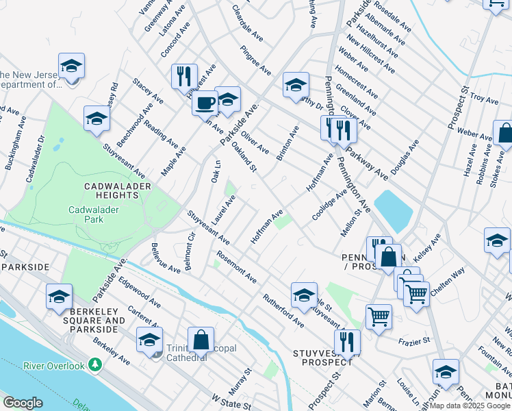 map of restaurants, bars, coffee shops, grocery stores, and more near 284 Highland Avenue in Trenton