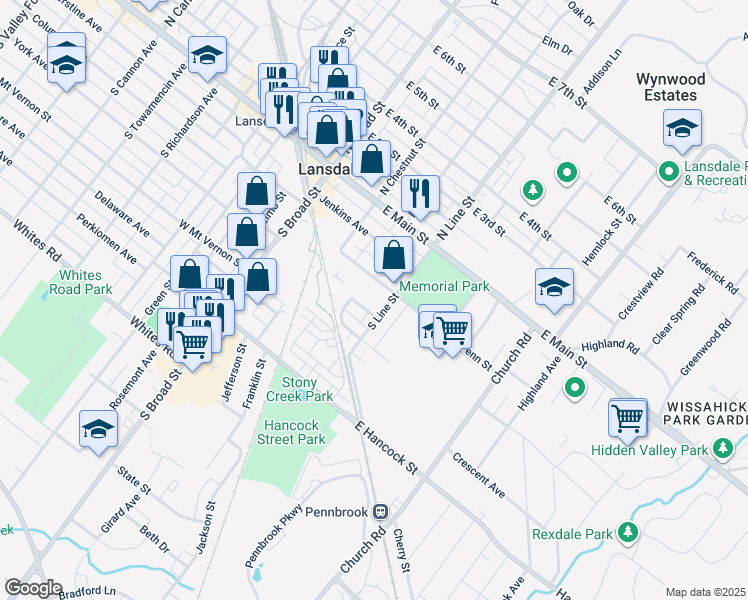 map of restaurants, bars, coffee shops, grocery stores, and more near 200 South Line Street in Lansdale