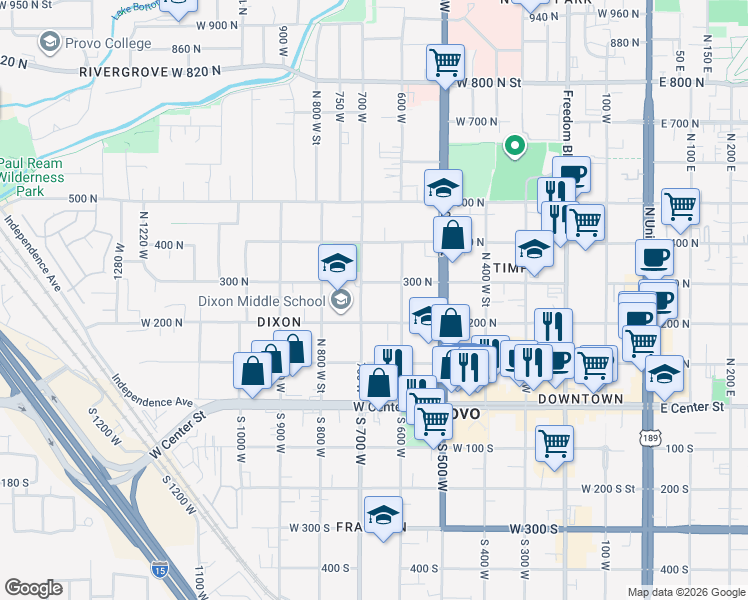 map of restaurants, bars, coffee shops, grocery stores, and more near 691 300 North in Provo