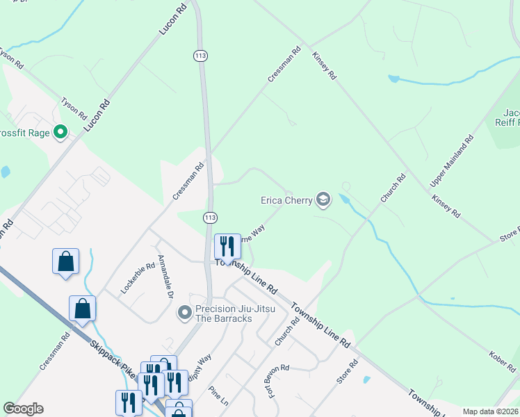 map of restaurants, bars, coffee shops, grocery stores, and more near 890 Ashbourne Way in Schwenksville