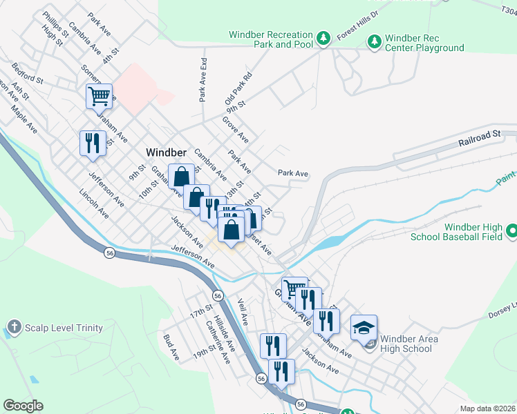 map of restaurants, bars, coffee shops, grocery stores, and more near 1401 Cambria Avenue in Windber