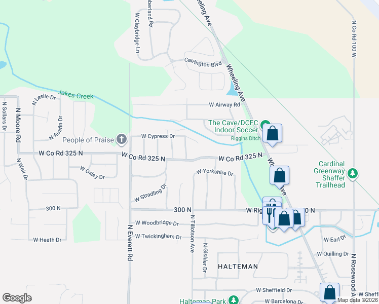 map of restaurants, bars, coffee shops, grocery stores, and more near 2711 West Cypress Drive in Muncie