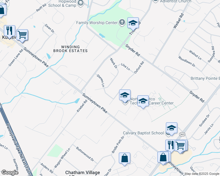 map of restaurants, bars, coffee shops, grocery stores, and more near 1375 Mark Drive in Lansdale