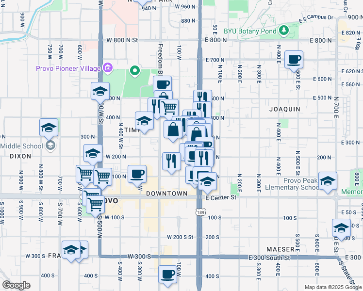 map of restaurants, bars, coffee shops, grocery stores, and more near 250 North 100 West Street in Provo
