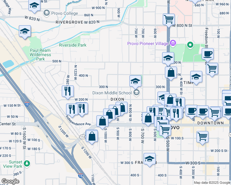 map of restaurants, bars, coffee shops, grocery stores, and more near 257 North 900 West in Provo