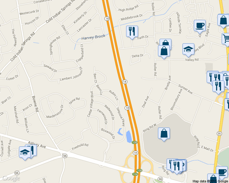 map of restaurants, bars, coffee shops, grocery stores, and more near 22 Rubin Lane in Ocean Township