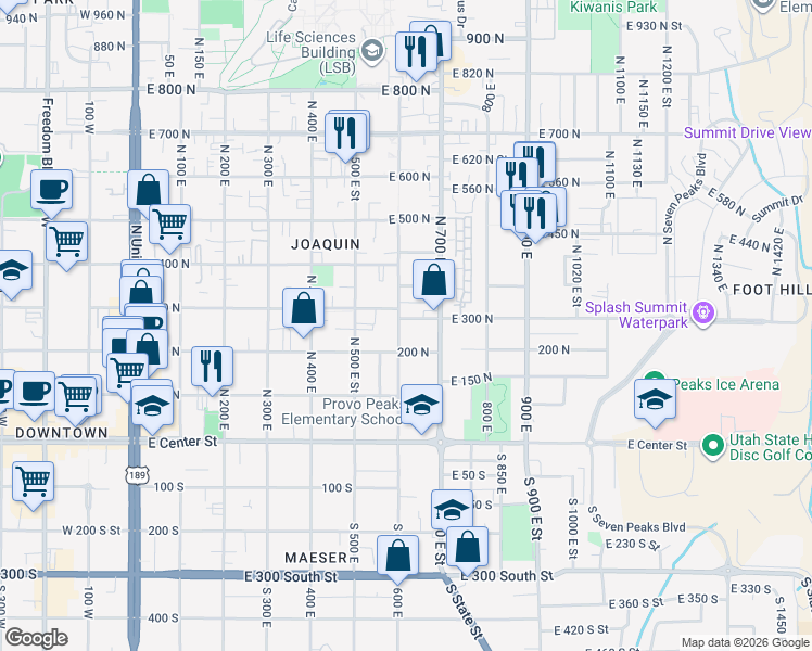 map of restaurants, bars, coffee shops, grocery stores, and more near 306 600 East in Provo
