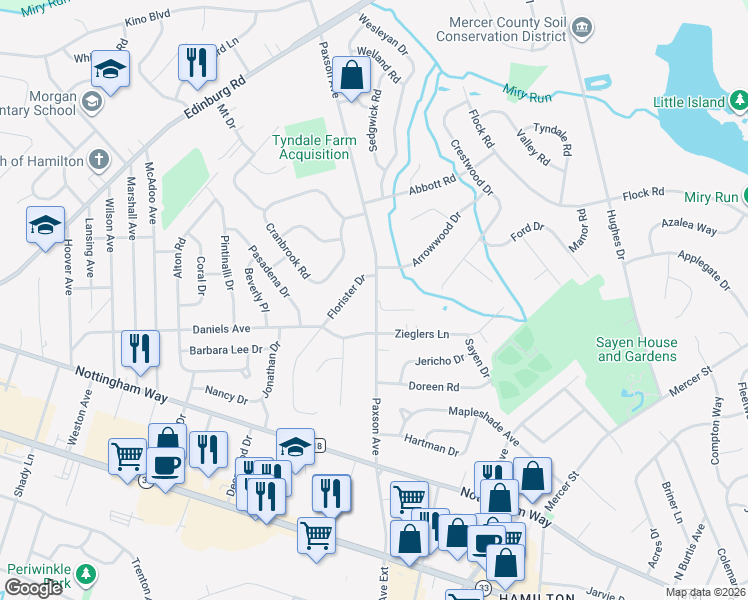 map of restaurants, bars, coffee shops, grocery stores, and more near 275 Paxson Avenue in Hamilton Township