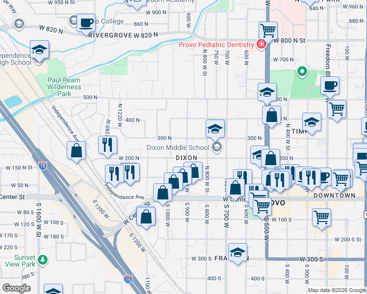 map of restaurants, bars, coffee shops, grocery stores, and more near 257 North 900 West in Provo
