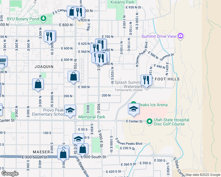 map of restaurants, bars, coffee shops, grocery stores, and more near 1006 East 300 North in Provo