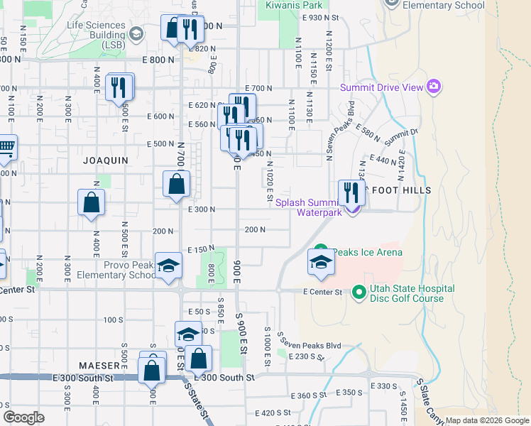 map of restaurants, bars, coffee shops, grocery stores, and more near 1006 East 300 North in Provo