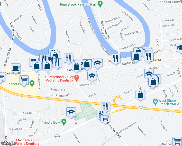 map of restaurants, bars, coffee shops, grocery stores, and more near 4301 Carlisle Pike in Camp Hill