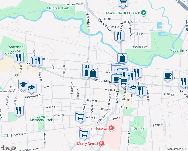 map of restaurants, bars, coffee shops, grocery stores, and more near 315 West 4th Street in Marysville