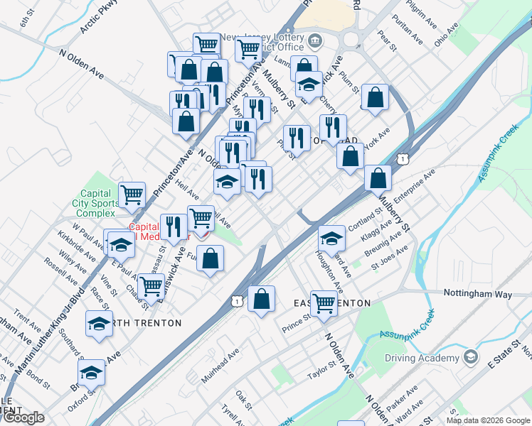 map of restaurants, bars, coffee shops, grocery stores, and more near 902 North Olden Avenue in Trenton